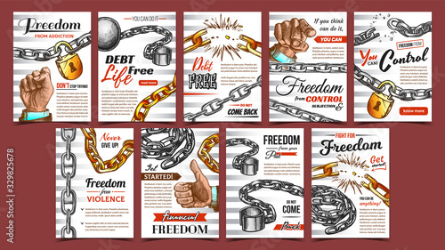 Freedom Control Advertising Posters Set Vector. Heavy Metallic Chain With Ball And Padlock And Man Gestures Freedom Symbols. Collection Of Banners Template Hand Drawn In Vintage Style Illustrations © PikePicture