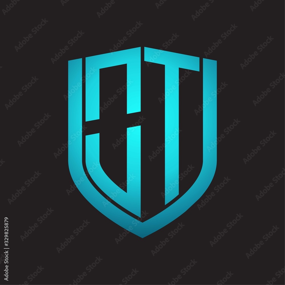 OT Logo monogram with emblem shield design isolated with blue colors on black background