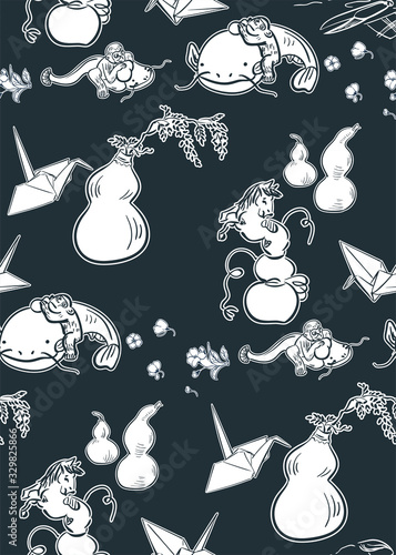 gourd pumpkin bottle set collection japanese chinese oriental vector ink style design elements illustration