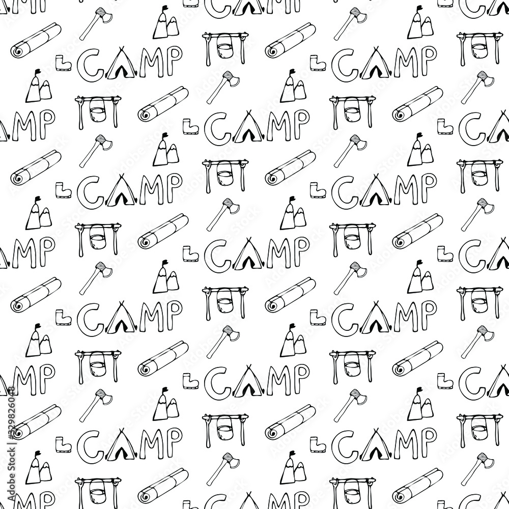 Fototapeta premium Hiking and Camping Seamless Pattern in Line Style. Outdoor Camp Adventure Theme. Vector illustration. Background. Hiking Print