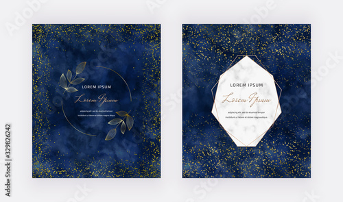 Navy blue watercolor background with gold confetti and geometric polygonal lines frame. Modern vector design for wedding invitation, greeting, banner, flyer, poster, save the date