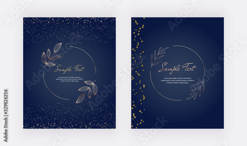 Gold confetti on the dark blue background with botanical lines frame. Modern vector design for wedding invitation, greeting, banner, flyer, poster, save the date