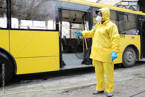 Workers disinfect a trolleybus after it arrived at a bus depot.The first case of novel coronavirus Covid-19 has been confirmed in Ukraine.