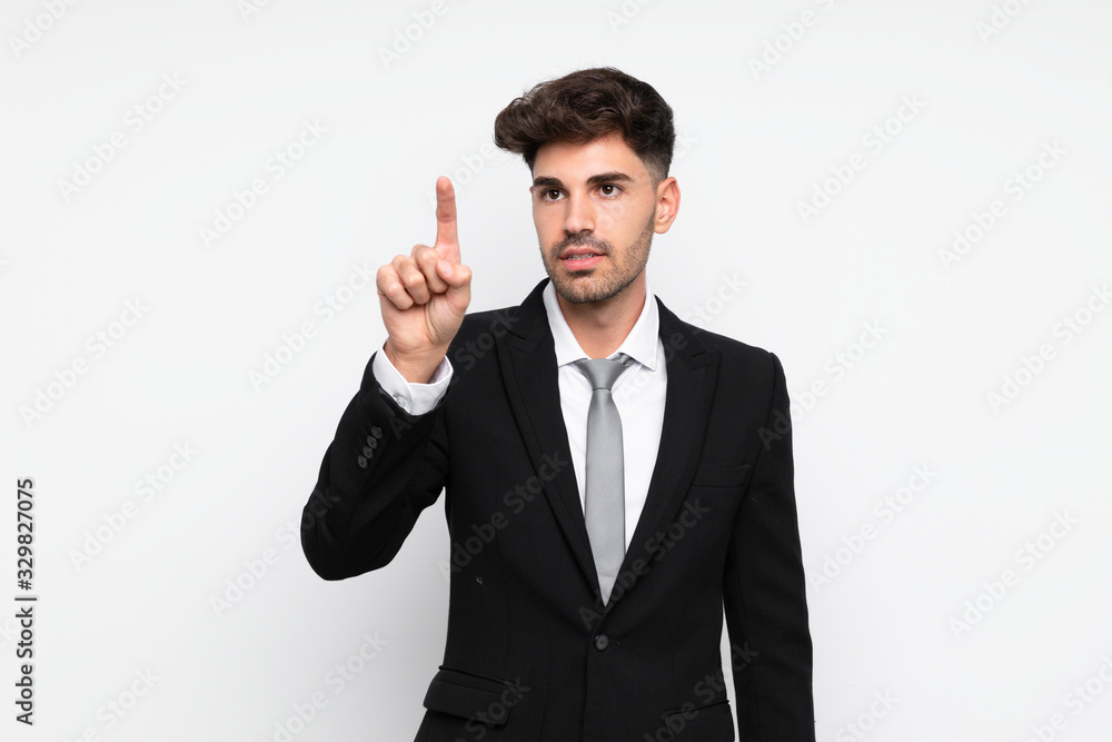 Young businessman over isolated white background touching on transparent screen Young businessman over isolated white background touching on transparent screen