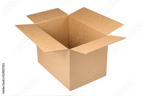 Open kraft carton box isolated on white background. Brown cardboard box with open cover. Delivery or unpacking concept