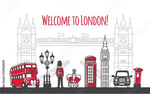 Welcome to London. Modern vector illustration of famous symbols of the British capital. Tower bridge, telephone box, double decker bus. Travel to the United Kingdom web banner and landing page design.