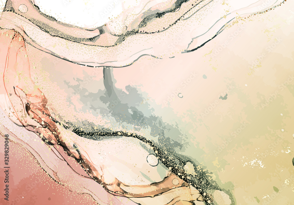 Fototapeta premium Acrylic fluid art yellow watercolor swirl with gold marble foil. Marble oriental alcohol ink designgolden paint. Floating color spalsh cloud ink. Modern wallpaper. Vector