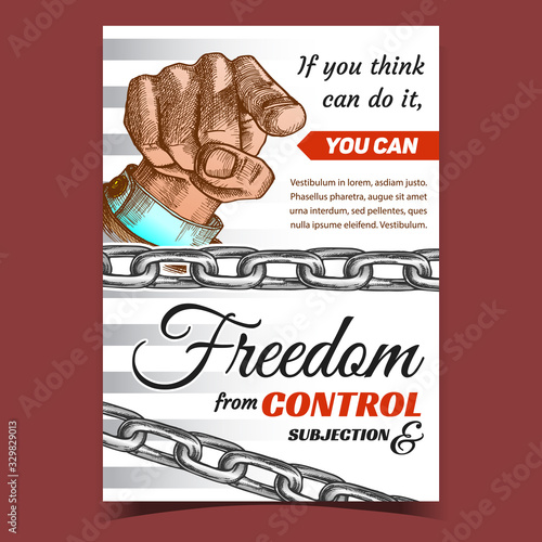 Freedom From Control Subjection Banner Vector. Metallic Chains And Man Gesture Pointing Finger On Creative Advertising Poster Freedom. Template Hand Drawn In Vintage Style Colorful Illustration