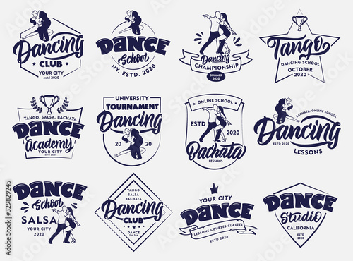 Set of vintage Dancing emblems and stamps. Sport badges, stickers on white background