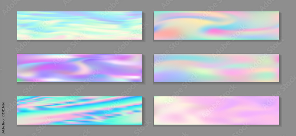 Holographic surreal flyer horizontal fluid gradient mermaid backgrounds vector set. Opalescence 