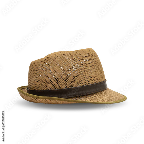 Side of Vintage Straw hat Brown color fasion isolated on white background. with clipping paths.