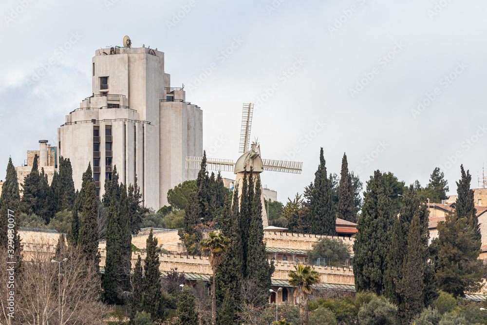 The famous windmill Montefiori in the Jerusalem quarter of Mishkenot Shaananim near to Jerusalem old city in Israel