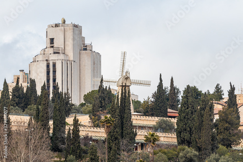 The famous windmill Montefiori in the Jerusalem quarter of Mishkenot Shaananim near to Jerusalem old city in Israel photo