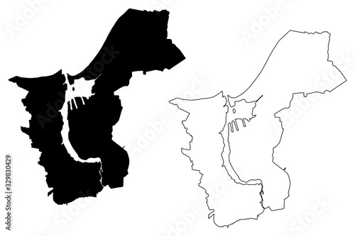 Rostock City (Federal Republic of Germany, Mecklenburg-Vorpommern) map vector illustration, scribble sketch Hanseatic City of Rostock map
