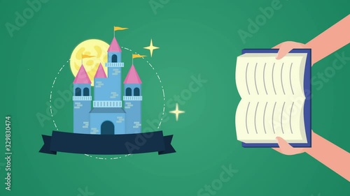 world book day celebration with hands and fairytale castle photo