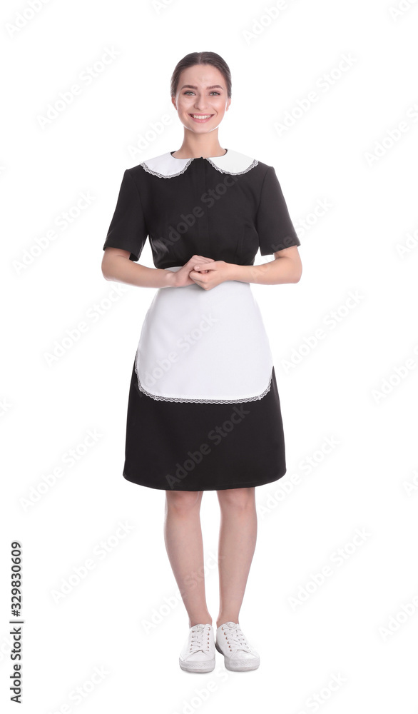 Young chambermaid in uniform on white background Young chambermaid in uniform on white background