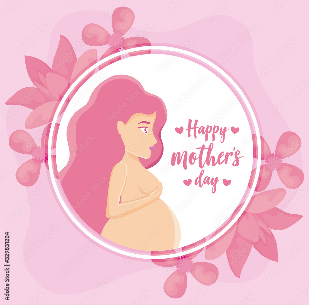 happy mothers day design with decorative circular frame with pregnant woman and flowers