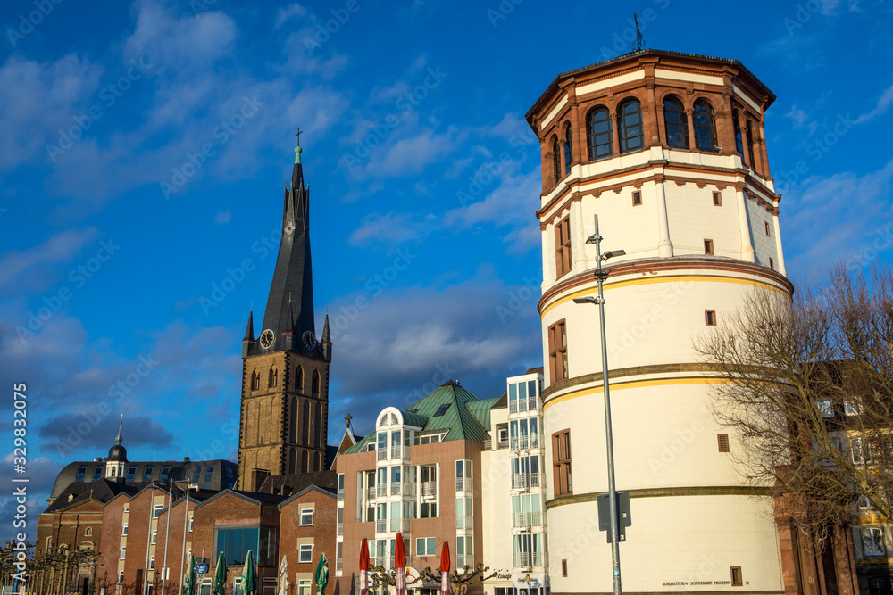 Castle Tower and St. Lambertus Church in Dusseldorf, Germany
