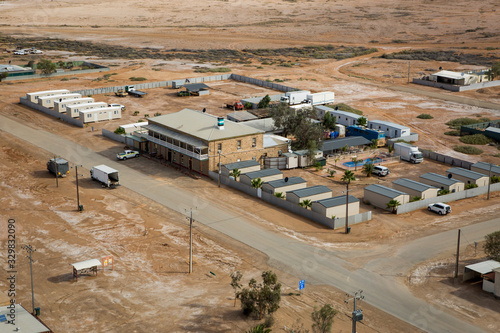 Marre, Australia, The Marree hotel pub aerial view in the middle of the aussie outback desert, Australia