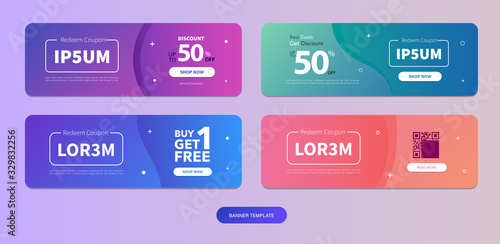 Dynamic modern fluid mobile for Voucher Sale template. Get Coupon Discount Sale banner template design. Free gift card set. Fancy colors and cool illustration shapes.