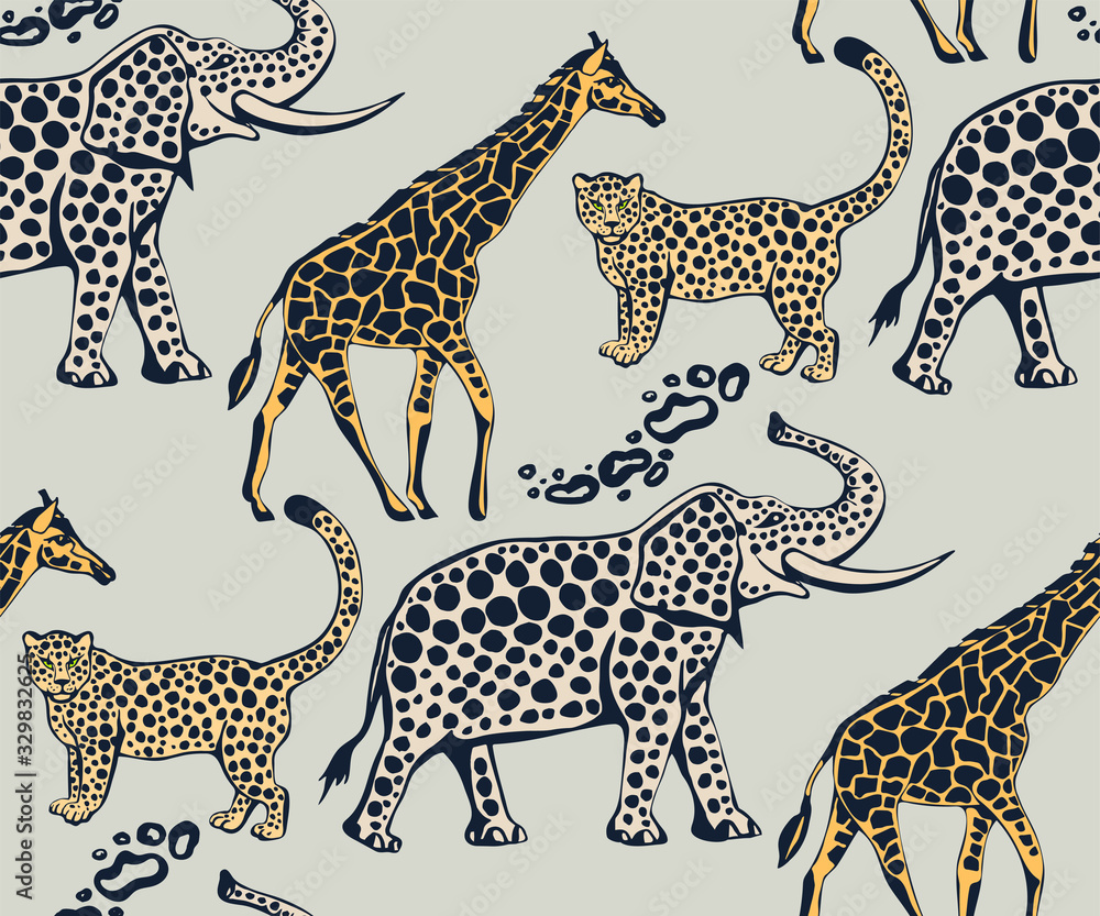 Obraz premium Vector background hand drawn exotic wild animals. Hand drawn ink illustration. Modern ornamental decorative background. Vector pattern. Print for textile, cloth, wallpaper, scrapbooking