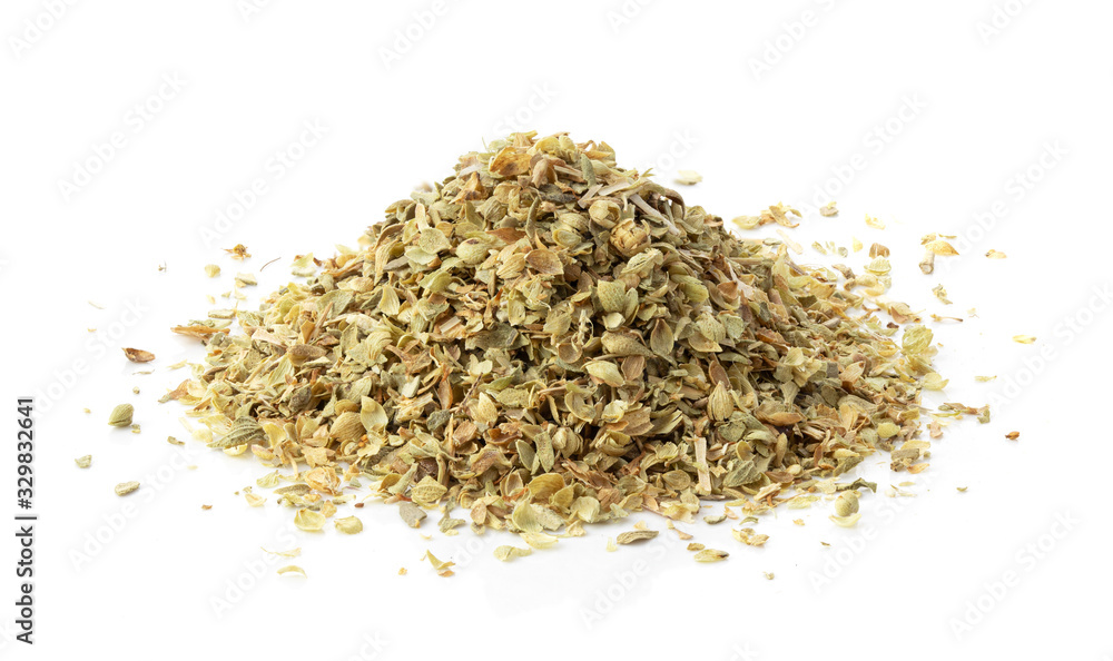 Pile of dried oregano leaves isolated on white background Pile of dried oregano leaves isolated on white background