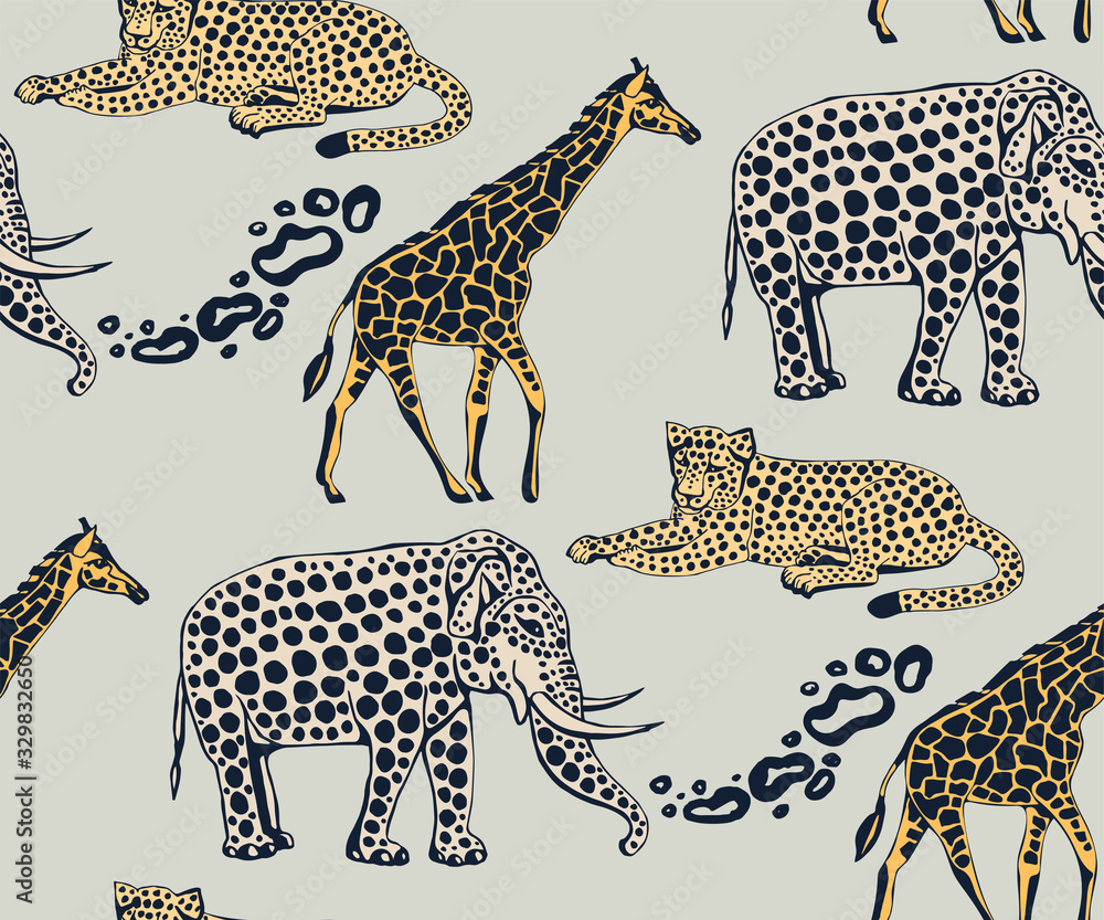 Obraz premium Vector background hand drawn exotic wild animals. Hand drawn ink illustration. Modern ornamental decorative background. Vector pattern. Print for textile, cloth, wallpaper, scrapbooking