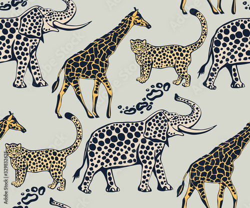 Vector background hand drawn exotic wild animals. Hand drawn ink illustration. Modern ornamental decorative background. Vector pattern. Print for textile  cloth  wallpaper  scrapbooking