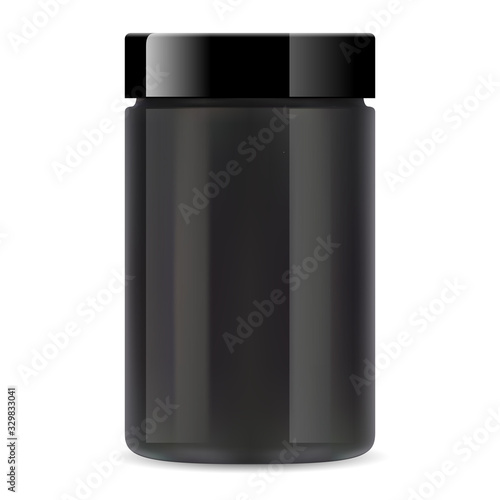 Black plastic jar. Protein supplement container mockup. Whey protein powder can for bodybuilding with glossy cap. Bcaa packaging for energy food or drink. Small tube for workout energy diet