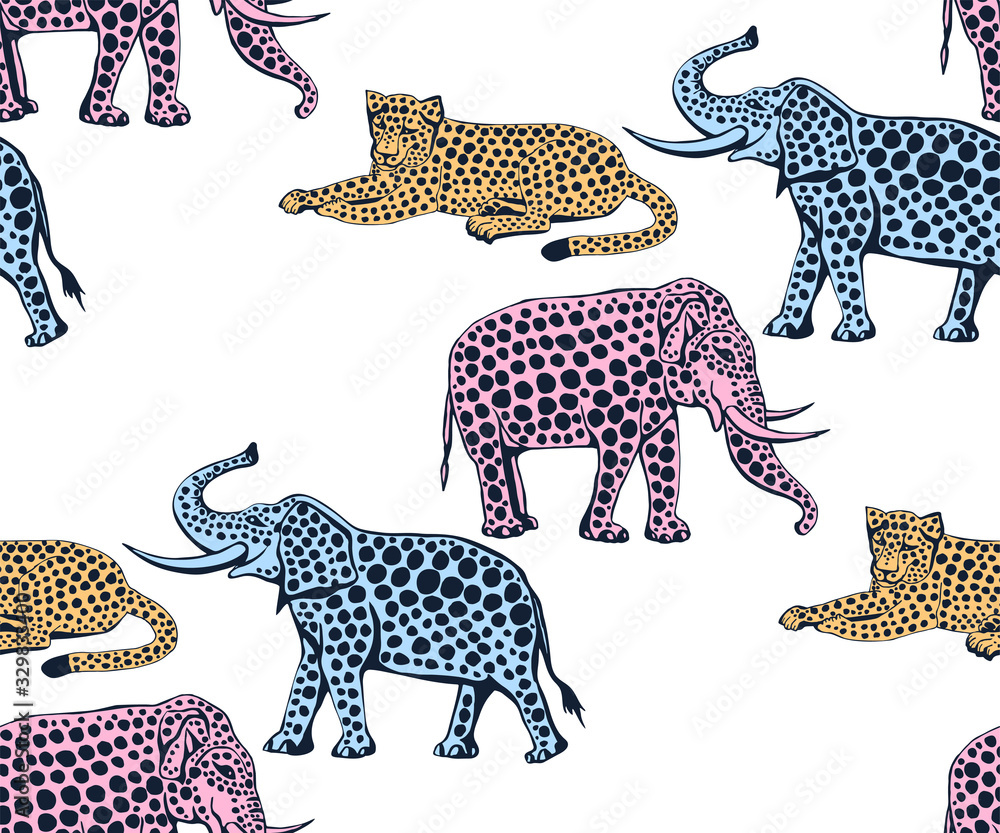 Obraz premium Vector background hand drawn exotic wild animals. Hand drawn ink illustration. Modern ornamental decorative background. Vector pattern. Print for textile, cloth, wallpaper, scrapbooking