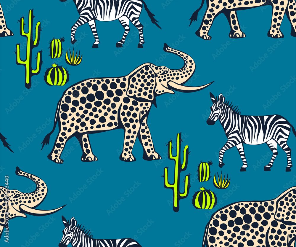 Naklejka premium Vector background hand drawn exotic wild animals. Hand drawn ink illustration. Modern ornamental decorative background. Vector pattern. Print for textile, cloth, wallpaper, scrapbooking