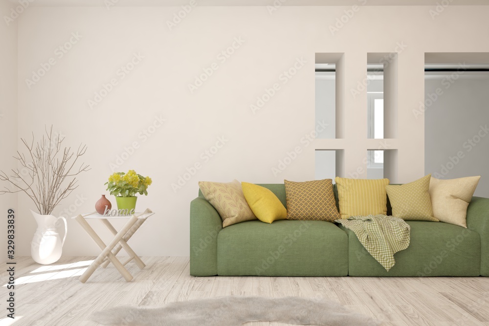 Naklejka premium Modern living room in white color with sofa. Scandinavian interior design. 3D illustration