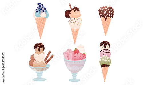 Ice Creams Rested in Sugar Cone and in Sherbet Glass Vector Set