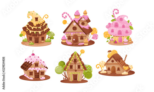 Sweet Gingerbread Houses with Creamy and Candy Toppings Vector Set