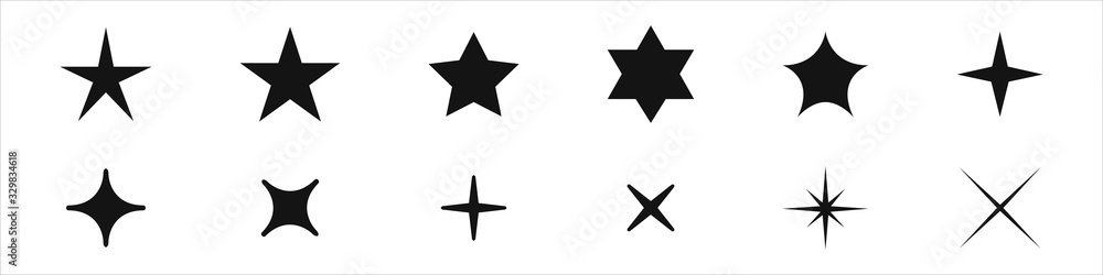 Star icons set. A collection of night luminaries. Logos of stars in different styles. Vector illustration - obrazy, fototapety, plakaty 