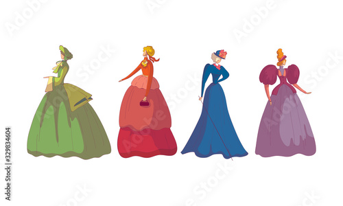 Women in Standing Pose Wearing Old-fashioned Dress Vector Set