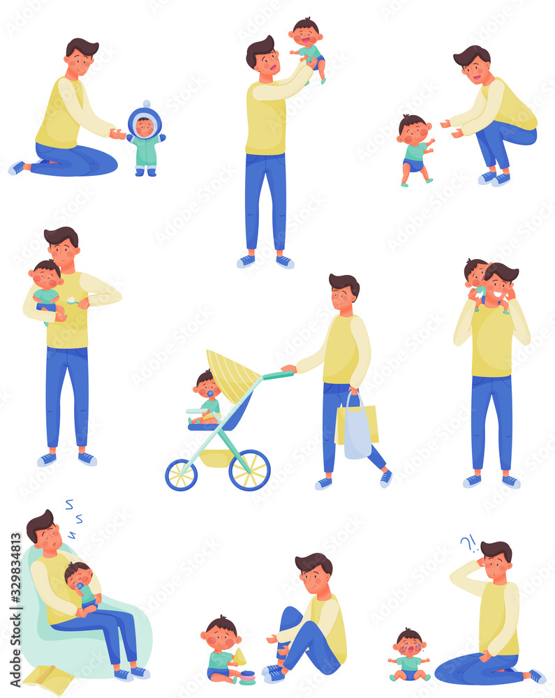 Father Character Nursing and Playing with Baby Vector Illustrations Set. Enjoying Fatherhood Concept