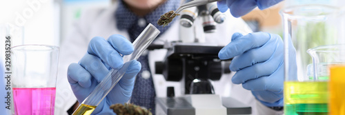 Close-up view of persons hand putting dry sample of cannabis into flask with liquid. Tubes with colourful substances on table. Modern microscope. Lab concept