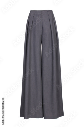 Grey women's wide classic trousers made of wool fabric isolated on white background