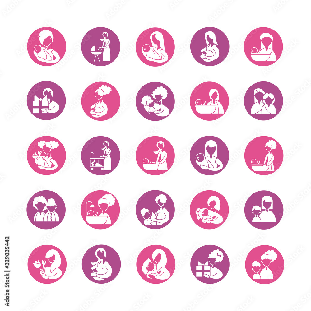 set of icons with mother and baby, silhouette style icon set of icons with mother and baby, silhouette style icon