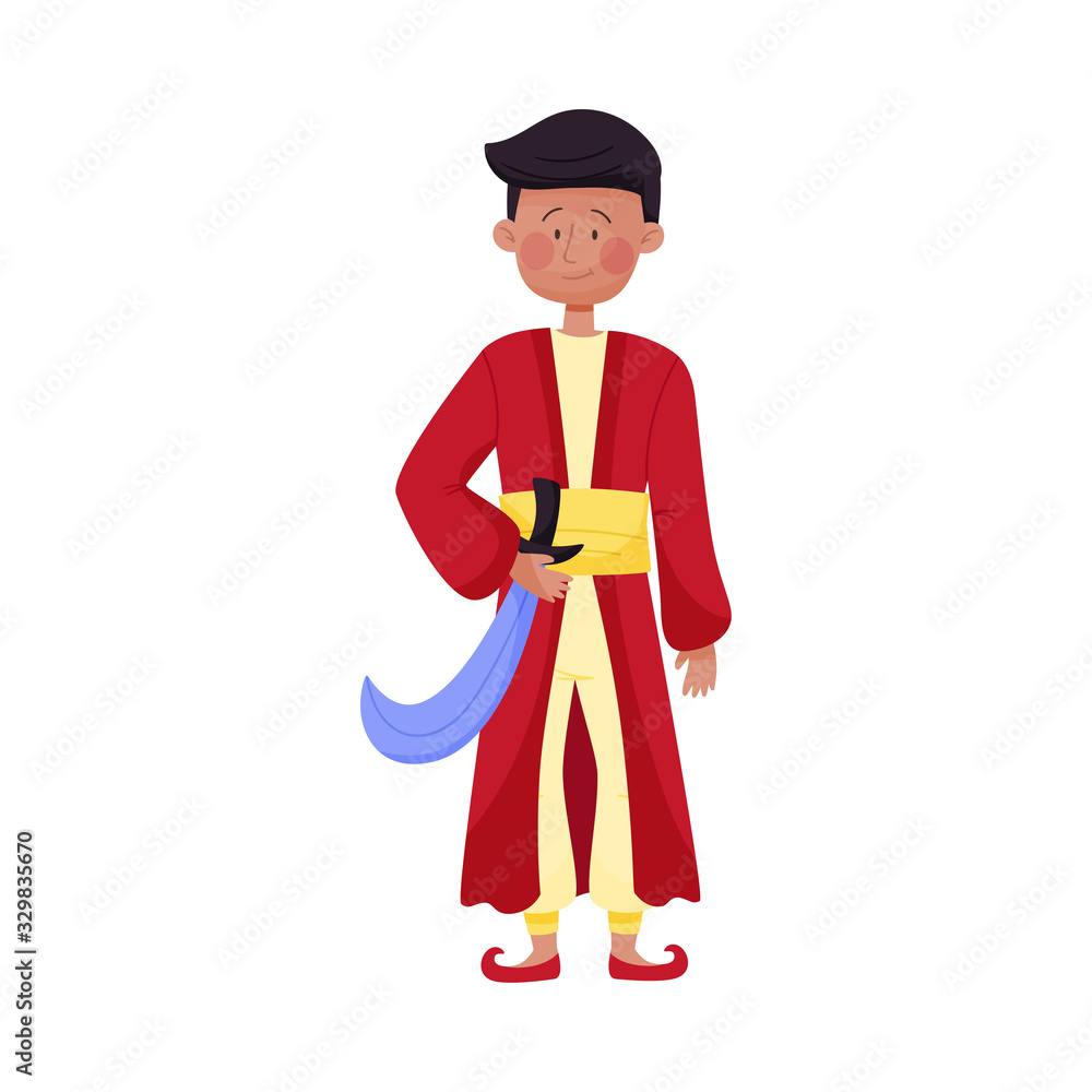 Young Smiling Dark-haired Man Character Wearing East Clothing Vector Illustration Young Smiling Dark-haired Man Character Wearing East Clothing Vector Illustration