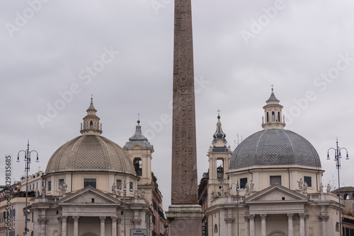 Obelisk and twin churches in Piazza del Popolo Rome, Italy. Santa Maria in Montesano and Santa Maria dei Miracoli from the second half of the seventeenth century