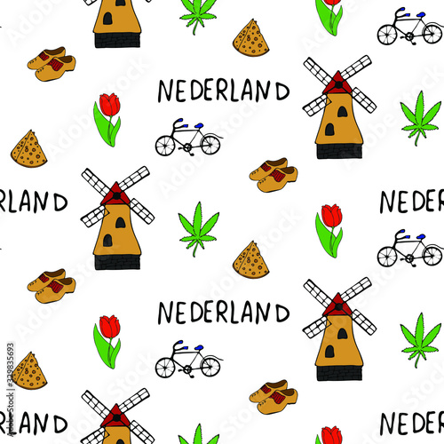 Nederland's icons seamless pattern. Sketch vector illustration, doodle elements, Isolated Nederland's national elements, Travel to Nederland's pattern for cards and web pages