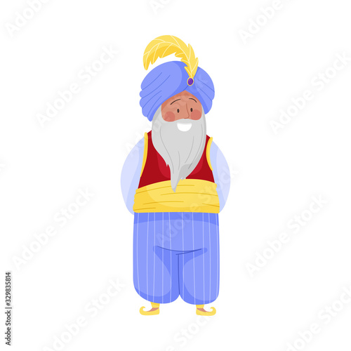 Photo Senior Bearded Sultan Character in Turban with Feather Wearing East Clothing Vec