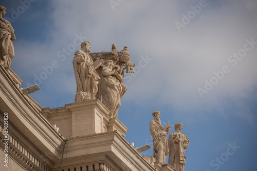 Detail of the facade with statues of St. Peter's Basilica, Rome, Italy. One of the largest buildings in the world from the 1600s
