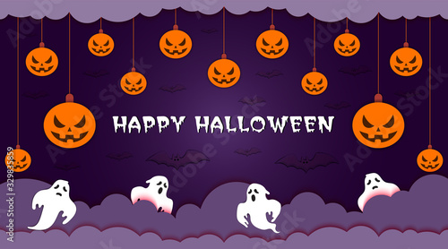 Happy Halloween banner, poster, invitation card with night clouds, hanging orange pumpkins, bats, white ghosts and text on isolated purple background