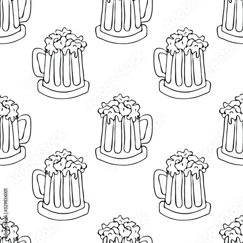 Beer mug seamless pattern. Full beer glasses with foam backdrop. Engraving style. Alcoholic beverage design. Design for fabric, textile print, wrapping paper. Vector illustration