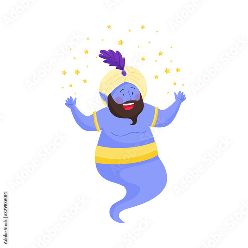 Fairy Bearded Jinn Character in Turban with Feather Performing Miracles Vector Illustration