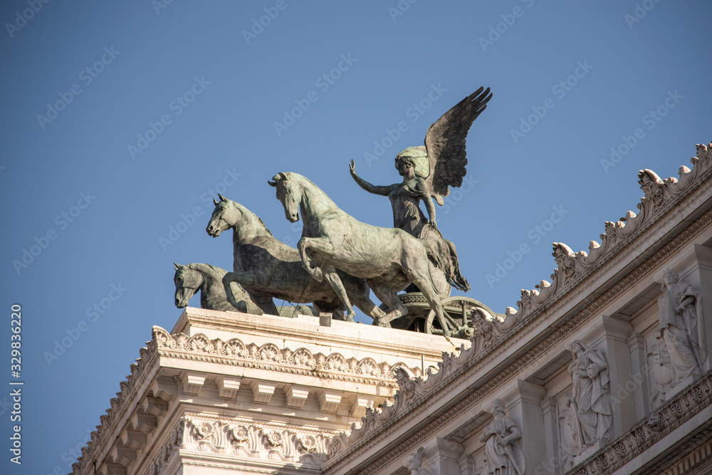 The quadriga dedicated to the freedom of citizens on the terrace of the Vittoriano called Altare della patria in Rome, Italy.