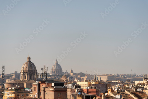 Panorama from the Vittoriano terrace, Rome, Italy. Top view of the Church of the Ges, basilica of Sant'Andrea Valle, basilica san Pietro, san Carlo ai Catinari.